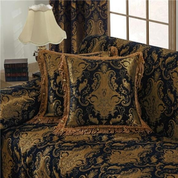 Black Gold Chenille Throw Pillow Cover 20x20 Square Decorative Cushion with Tass - Picture 1 of 8